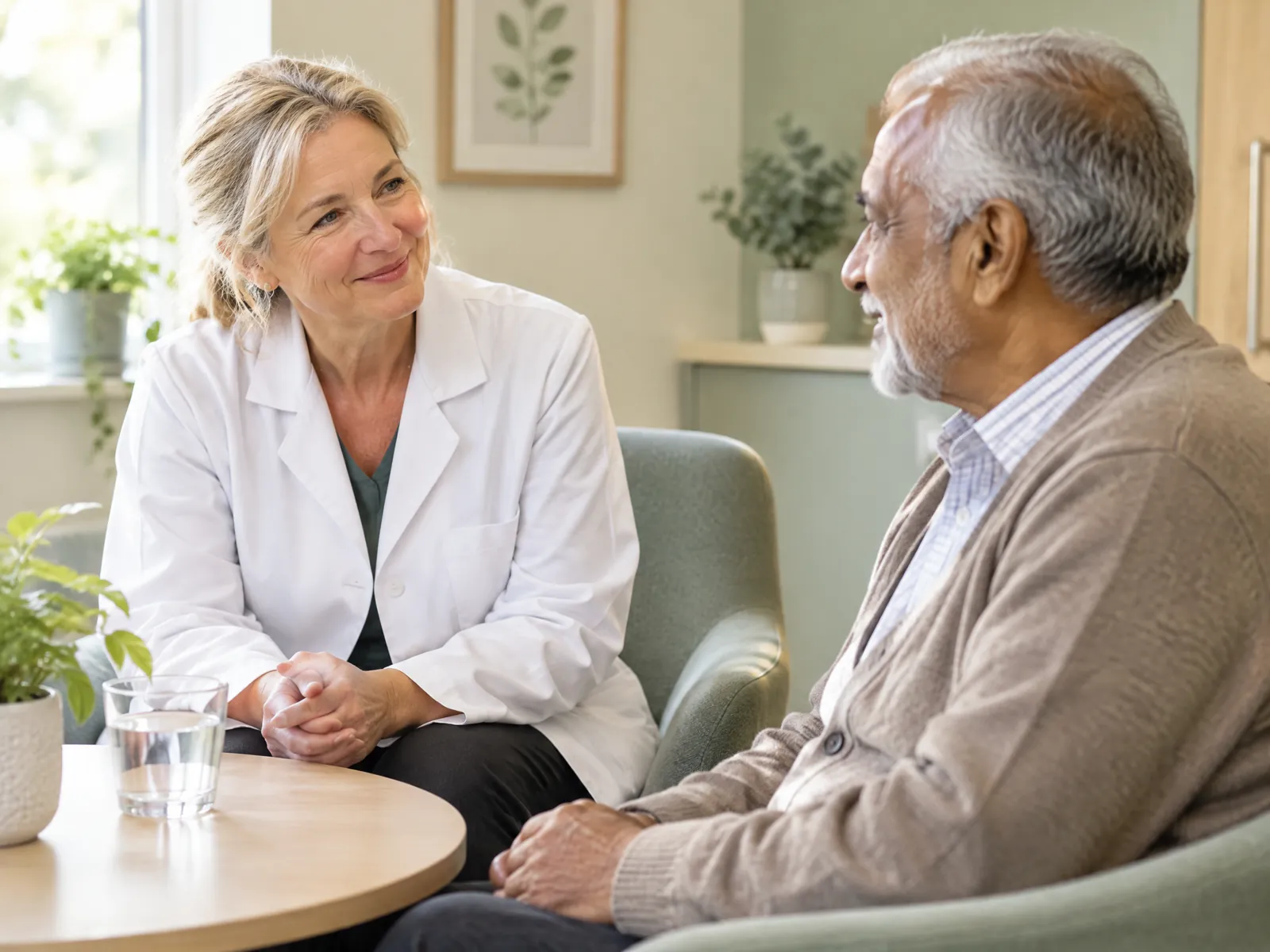 A pharmacist talking with a patient in a bright consultation room.