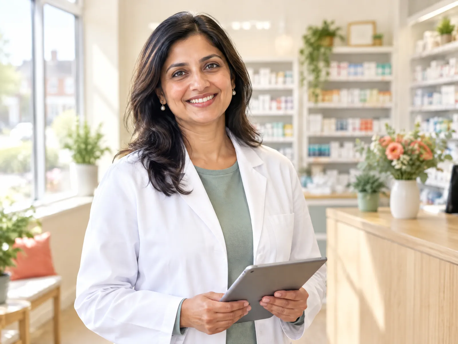 A smiling pharmacist holding a tablet in a bright community pharmacy.