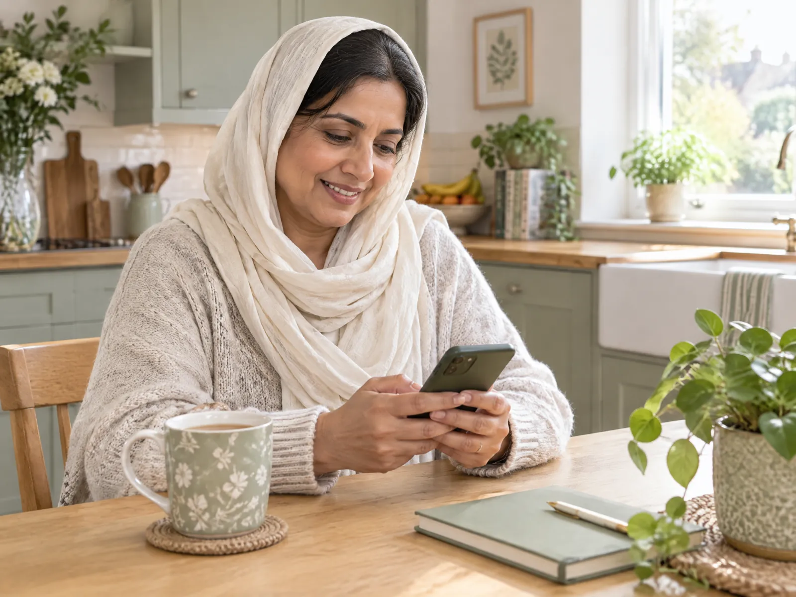 A woman in a headscarf smiling as she uses her phone at the kitchen table.