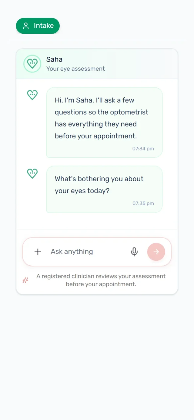 Real Saha screen, synthetic case: The patient starts in their own words.
